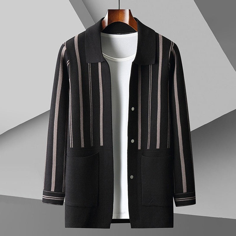 Men's striped wool blend cardigan relaxed fit button front pockets neutral tones layering essential