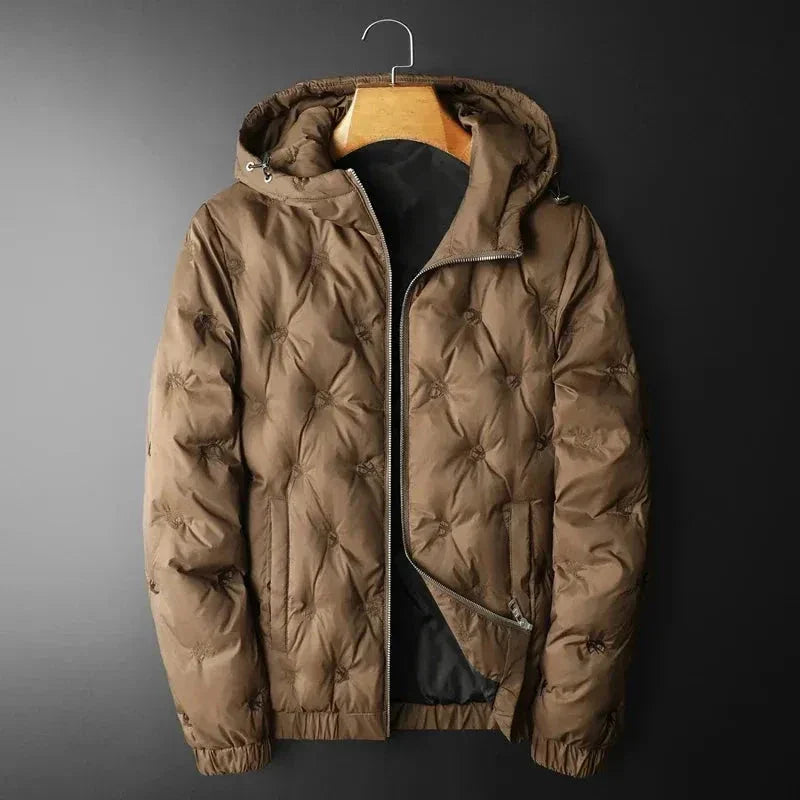 White duck down quilted jacket with adjustable hood, lightweight insulated design for cold weather