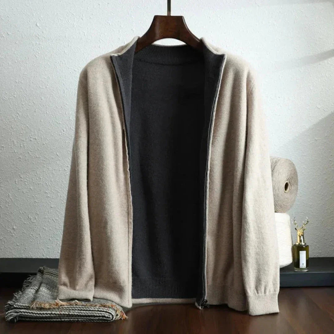 Andrew wool zip-up cardigan in two-tone knit, lightweight cashmere blend with full-zip closure