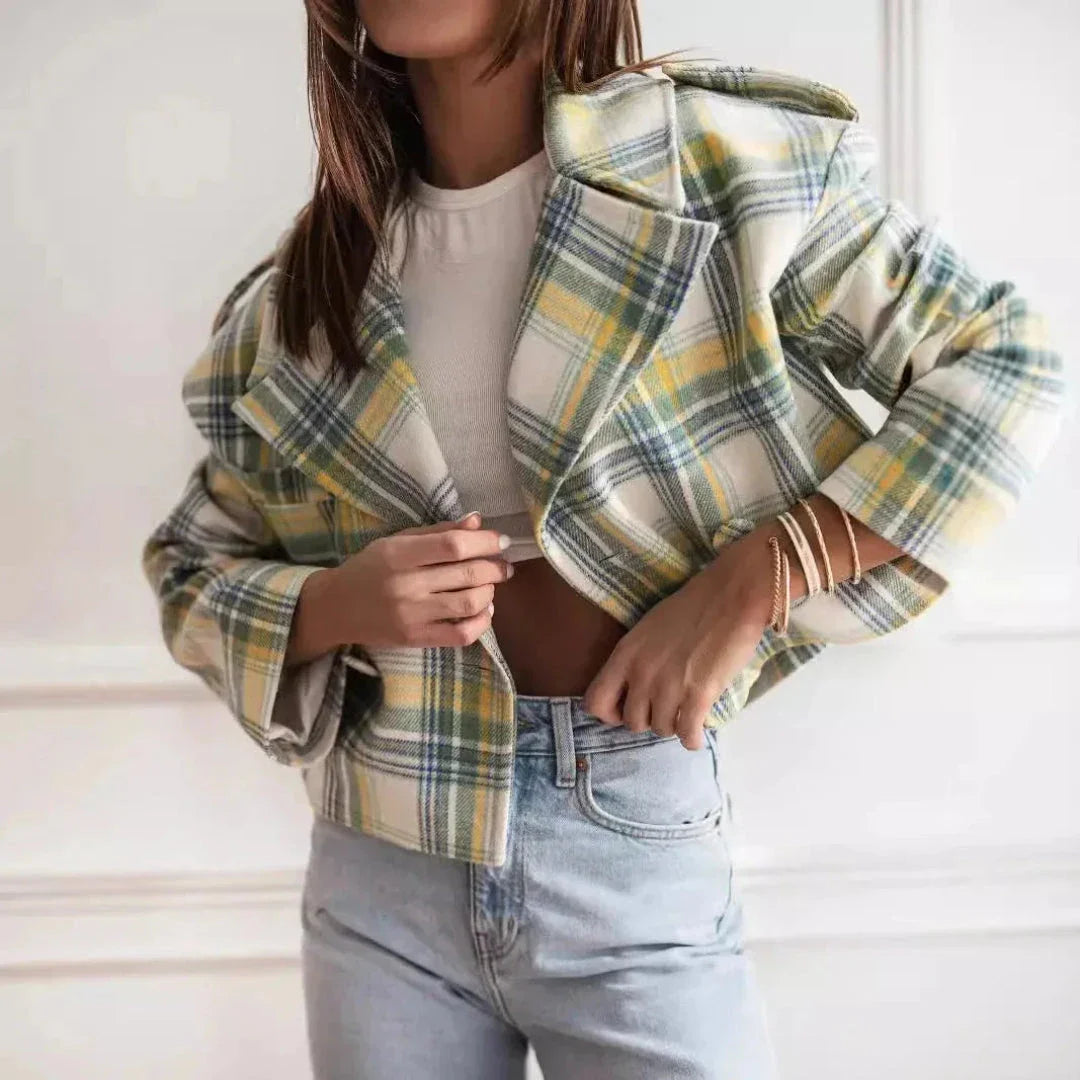 Ariana cropped plaid wool-blend jacket with structured shoulders and wide lapel collar