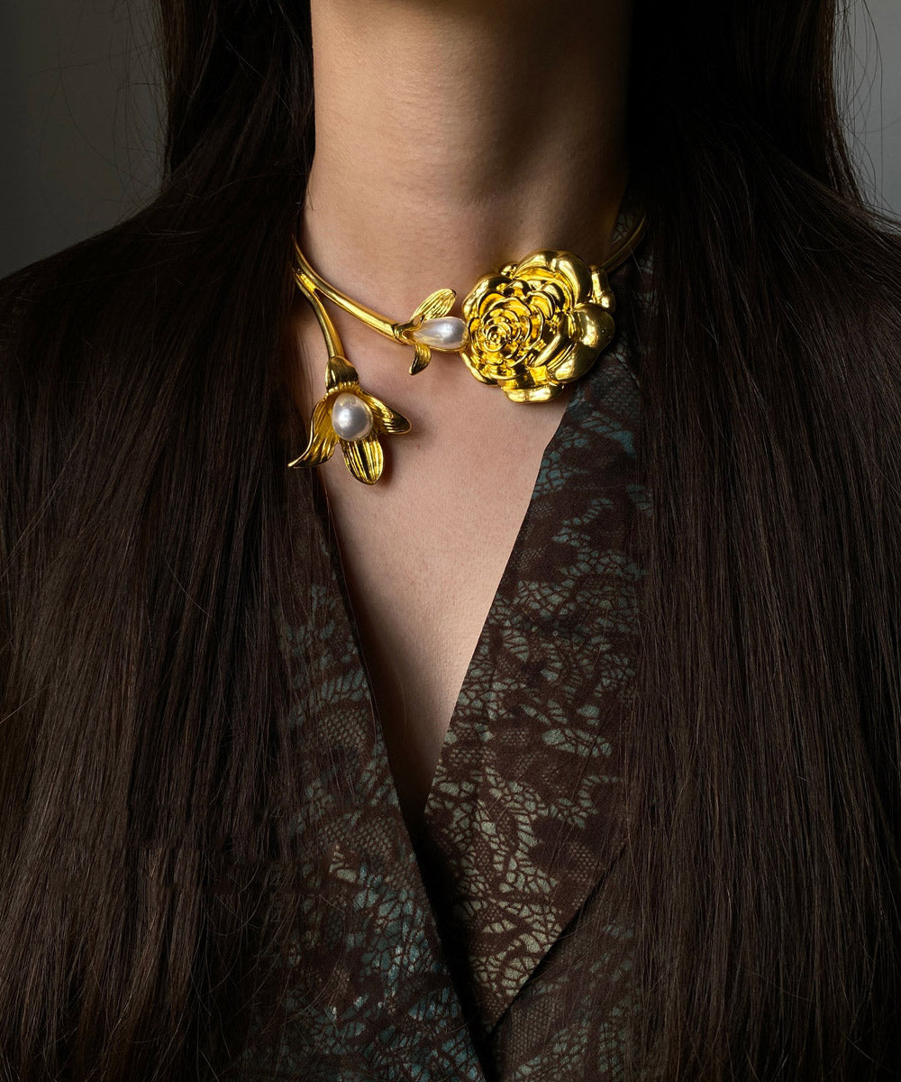 Collier Art Gold Copper Alloy Pearl Camélia - Wavlynn
