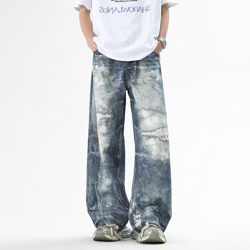 ArtLab™ blue denim wide-leg jeans with vivid all-over paint-splatter print for urban streetwear