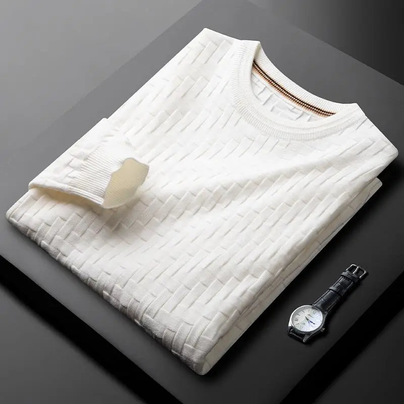 Men's green crewneck sweater with 3D geometric knit texture and premium cotton-blend fabric