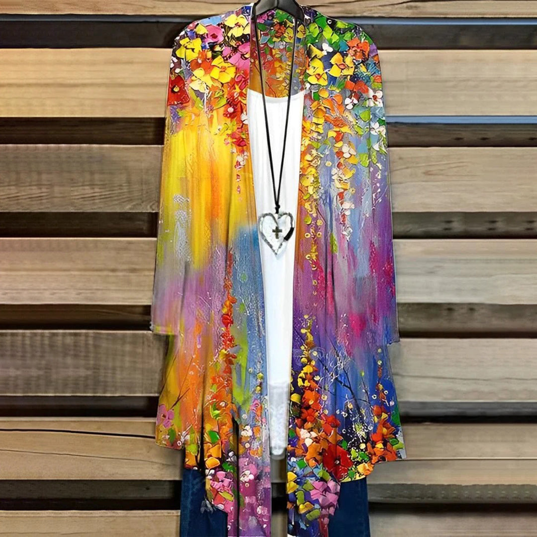 Women's lightweight chiffon kimono cardigan, open-front long-sleeve silhouette with vibrant floral print