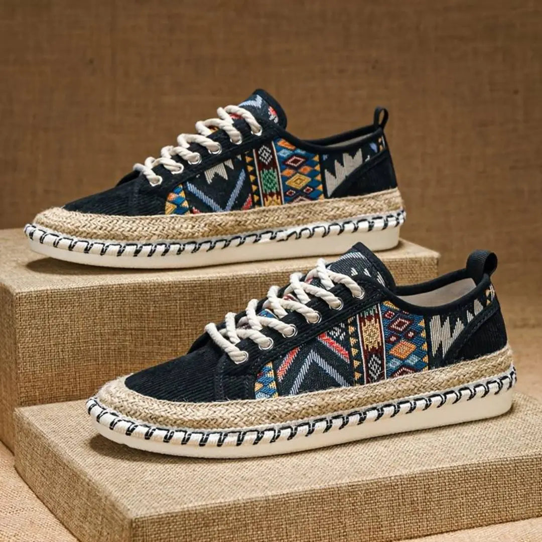 Aztec patterned canvas sneakers with jute-wrapped midsole breathable upper comfortable everyday fit
