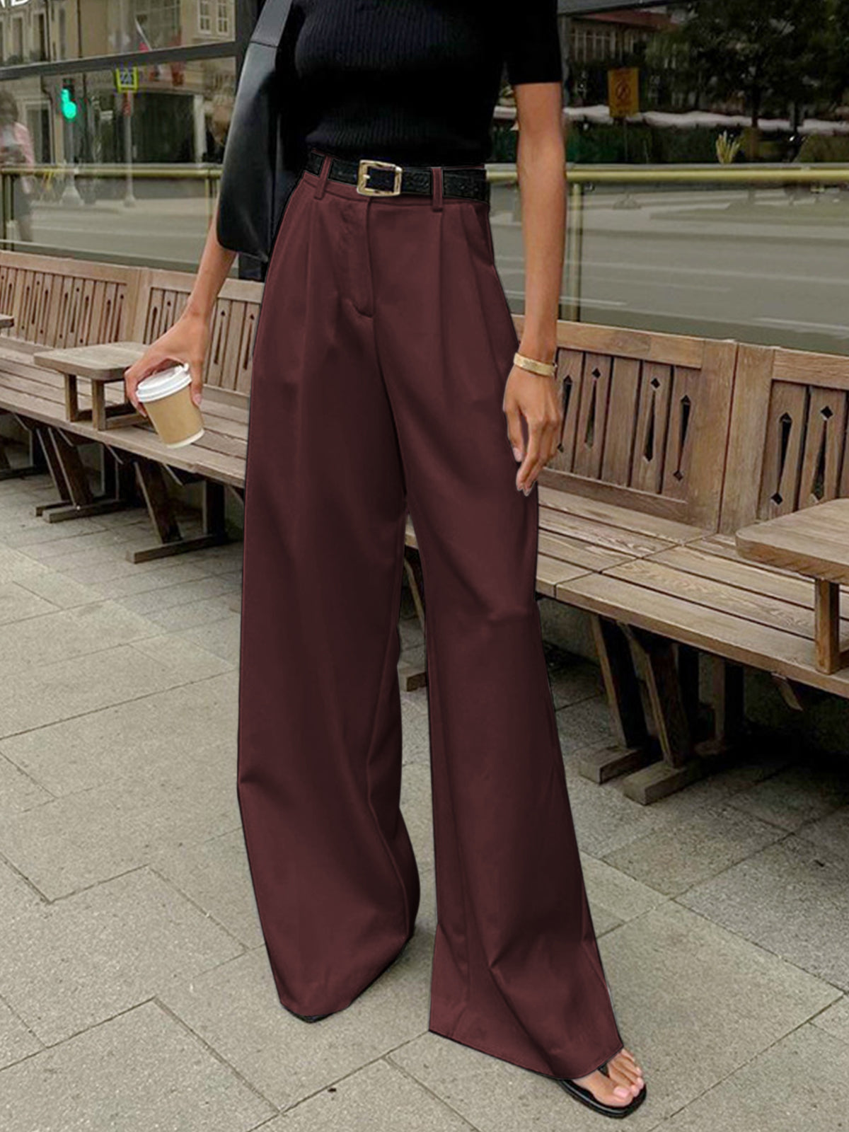 Women's tailored office trousers in classic neutral tone with structured silhouette and clean lines