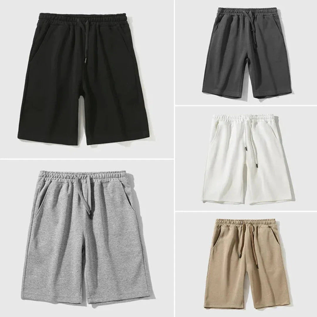 Men's gray cotton-poly jogger shorts relaxed knee-length fit with adjustable drawstring waistband