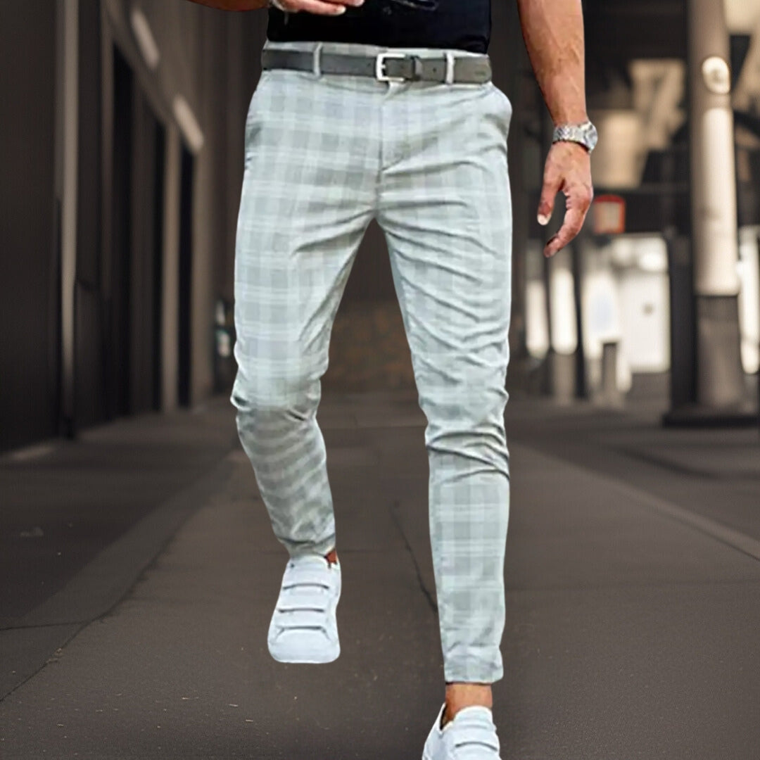 Men's slim fit chinos checkered pattern breathable blend full-length Nordic style tailored trousers
