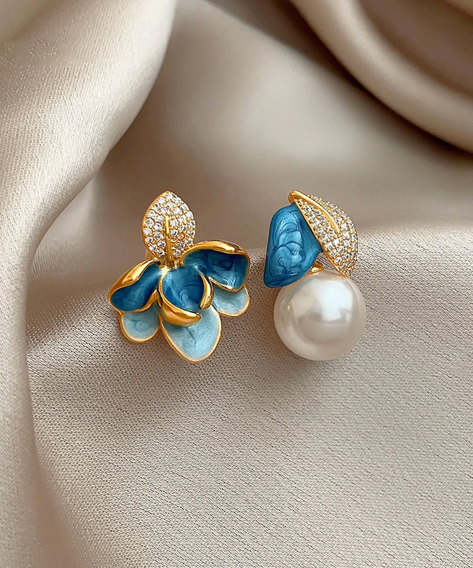 Magnifiques boucles d'oreilles à tige asymétriques en émail et zircon bleu cuivre - Wavlynn