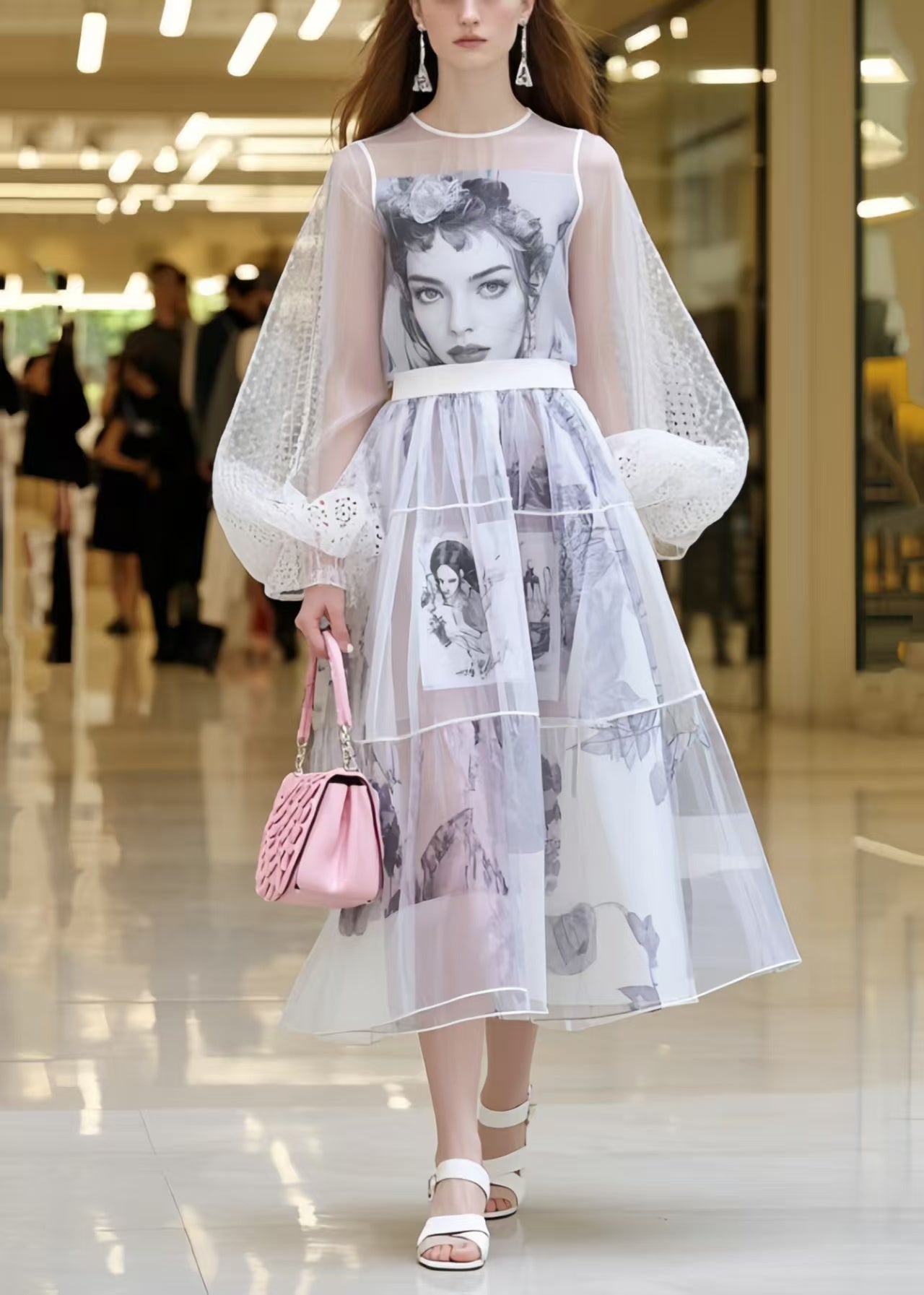 Wavlynn Silk Chiffon White Print Summer Dress for Women Ethereal Airy