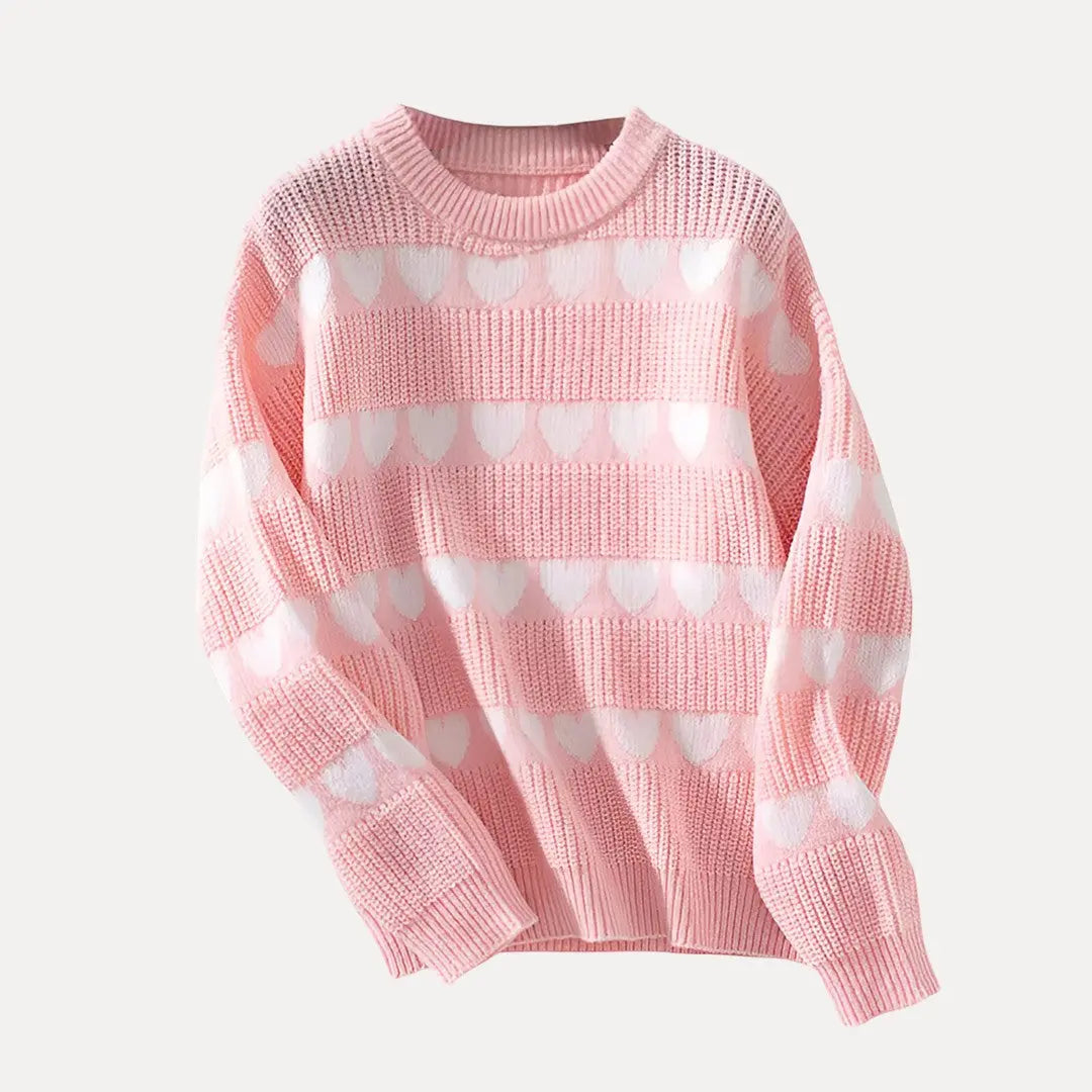 Cream soft-knit sweater with playful heart motif pattern, feminine relaxed fit for fall layering
