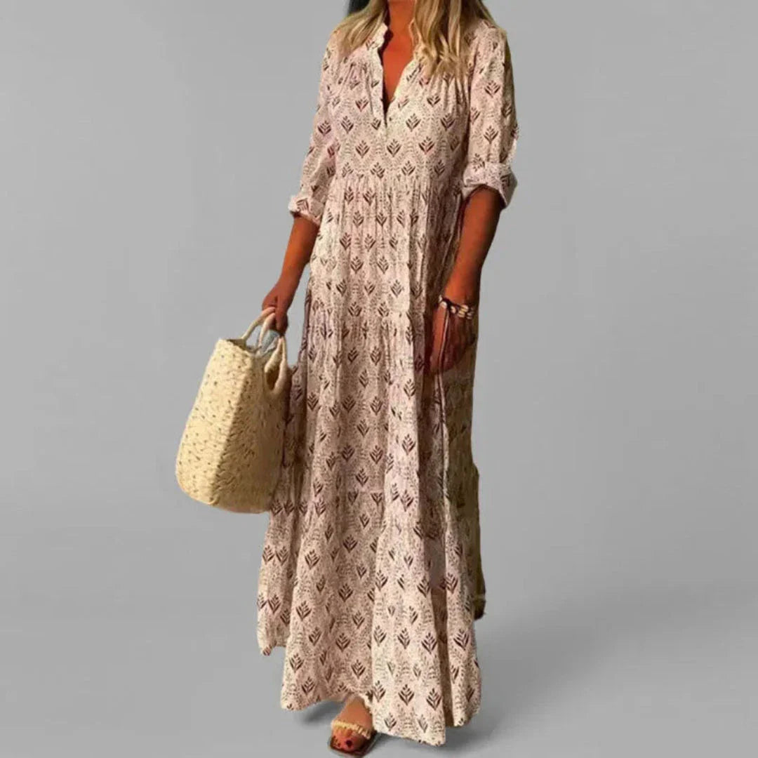 Floral vintage print maxi dress with stand collar, relaxed A-line silhouette in retro-inspired tones