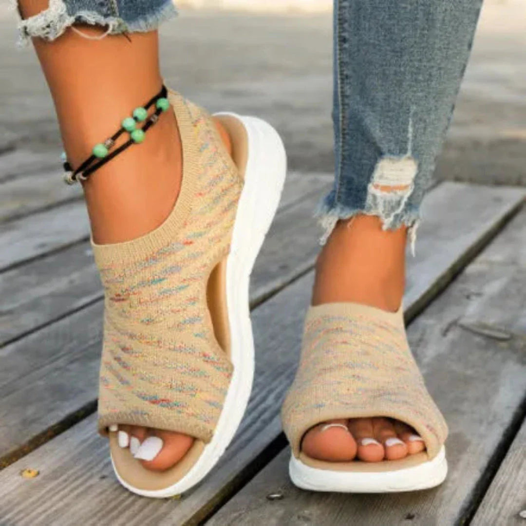 Bianca women's beige open-toe mesh slip-on sandals with breathable upper and ergonomic cushioned support