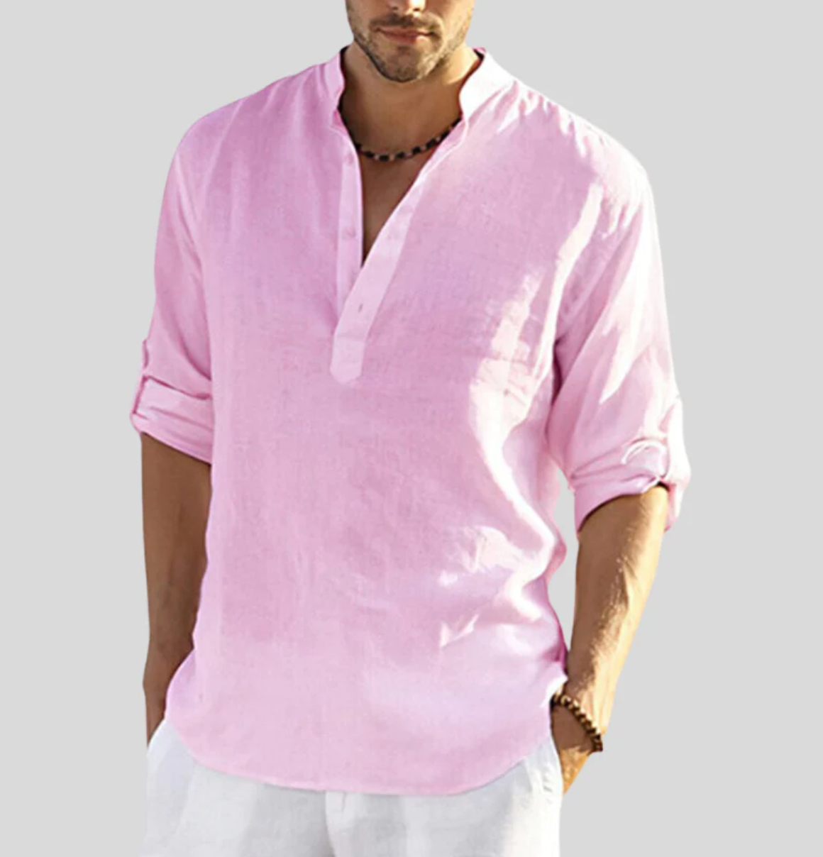 Men's relaxed fit linen shirt mandarin collar long sleeve breathable natural fiber casual style