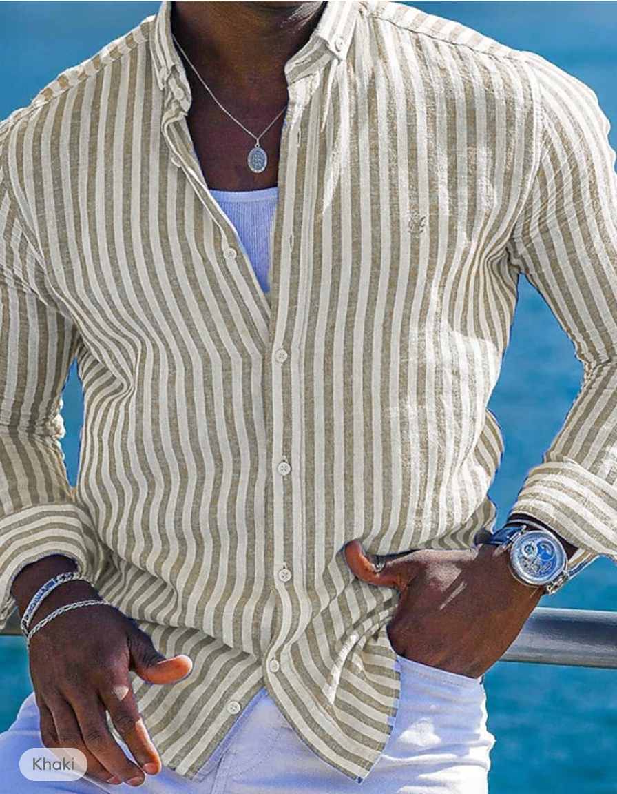 Men's slim fit striped linen cotton shirt long sleeves breathable summer essential