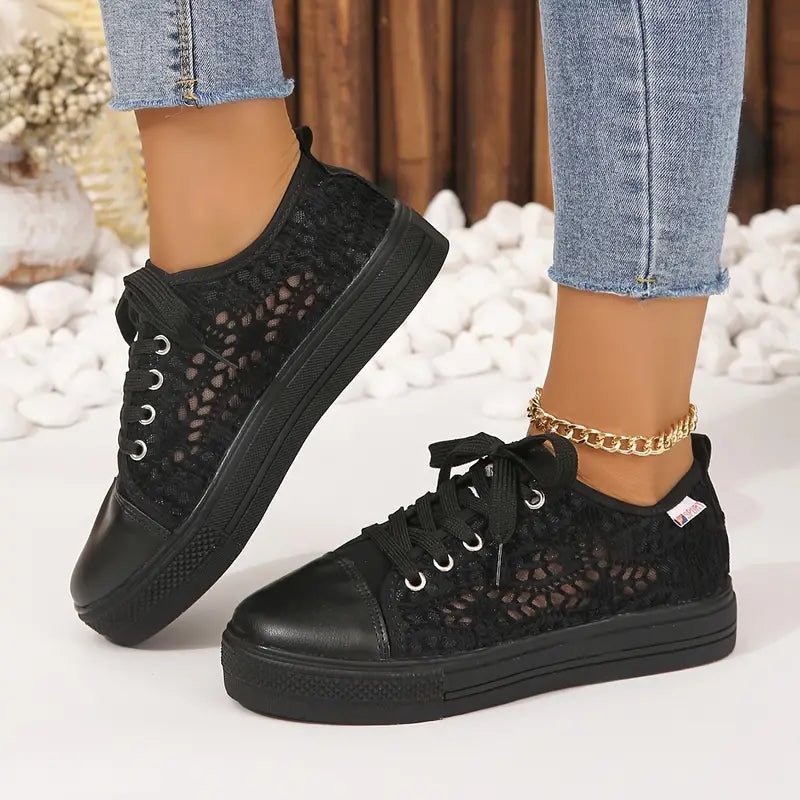 Women's breathable mesh lace-up sneakers with thick cushioned sole, lightweight casual everyday style