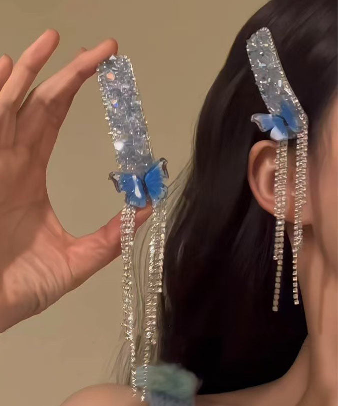 Épingles à cheveux bohèmes bleues en alliage de zircon et pompon papillon (paire) - Wavlynn