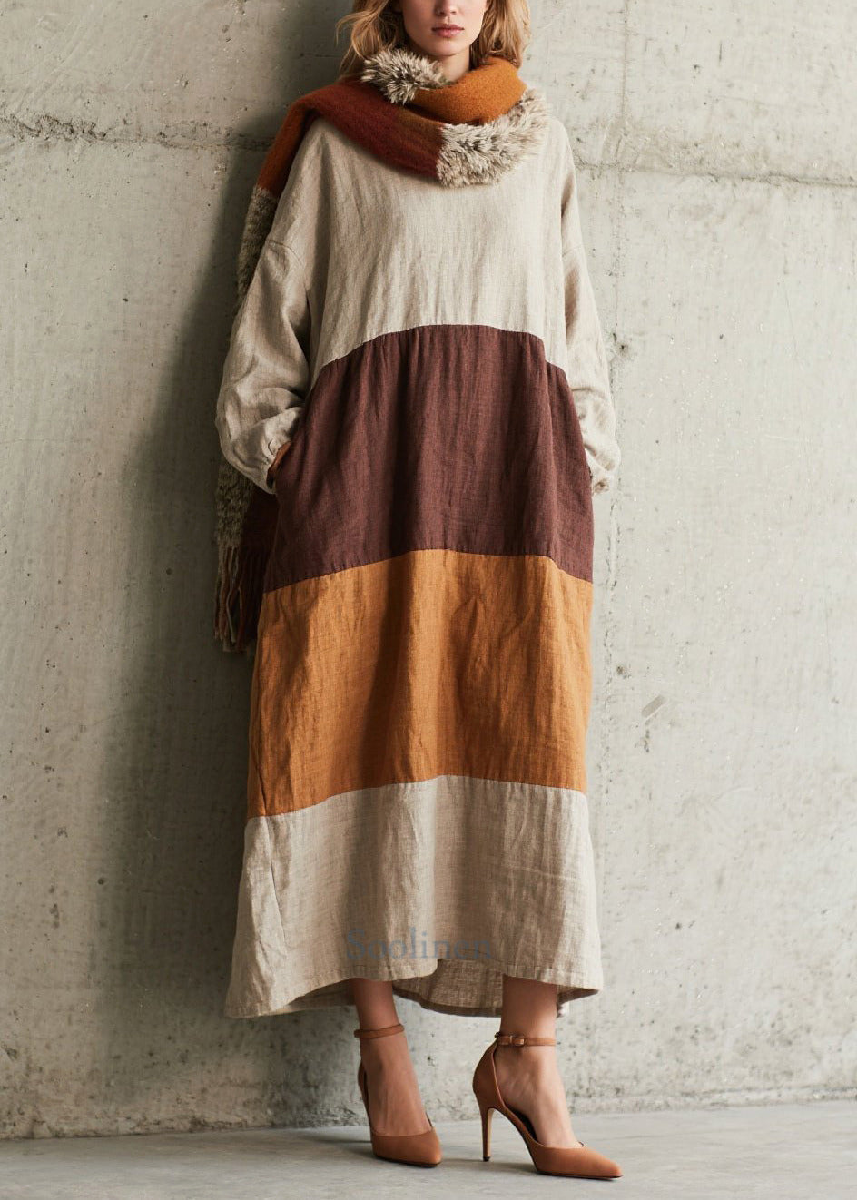 Wavlynn Boho Patchwork Cotton Dress Oversized Colorblock for Fall Comf