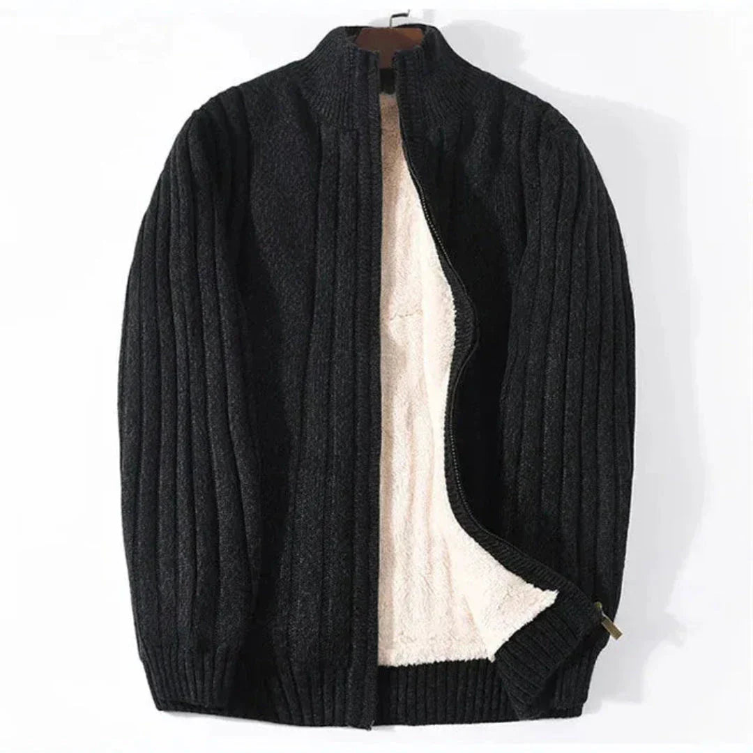 Brad full-zip ribbed knit cardigan with fleece lining and stand collar, casual warm sweater