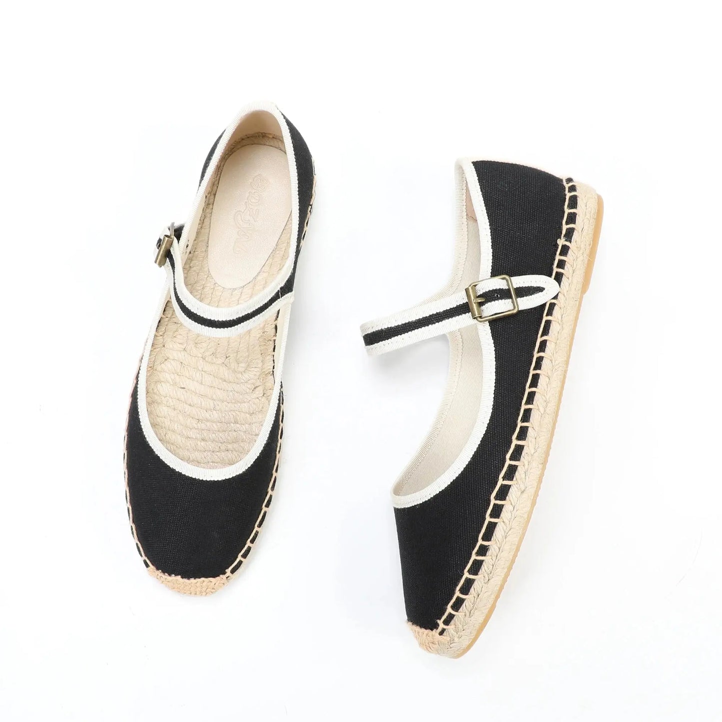 Women's beige canvas Mary Jane espadrille flats with breathable upper and classic ankle strap