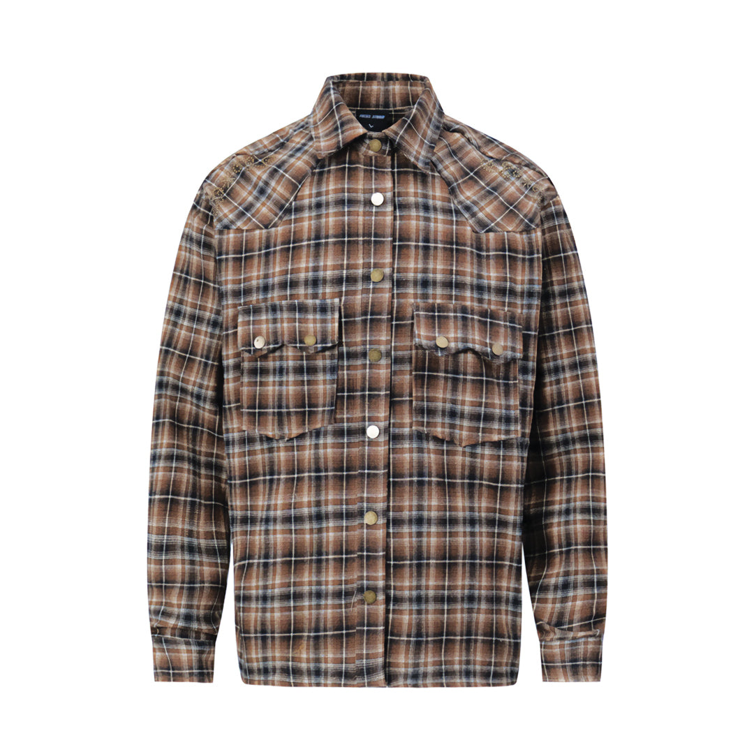 Black and azure plaid Western shirt with snap closures and dual chest pockets, relaxed fit
