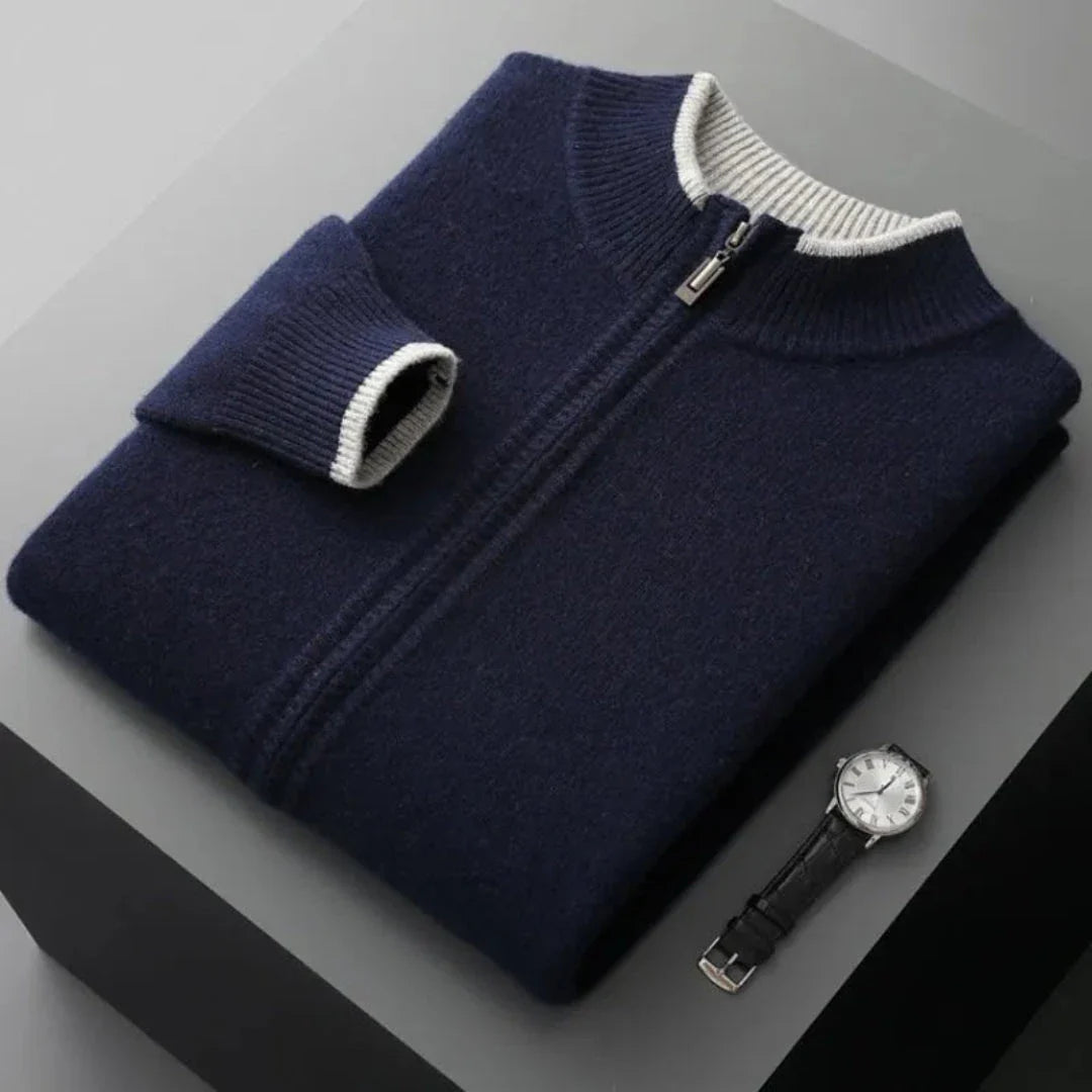 Brody gray merino wool ribbed zip-up jacket and relaxed tapered pants set with contrast trims