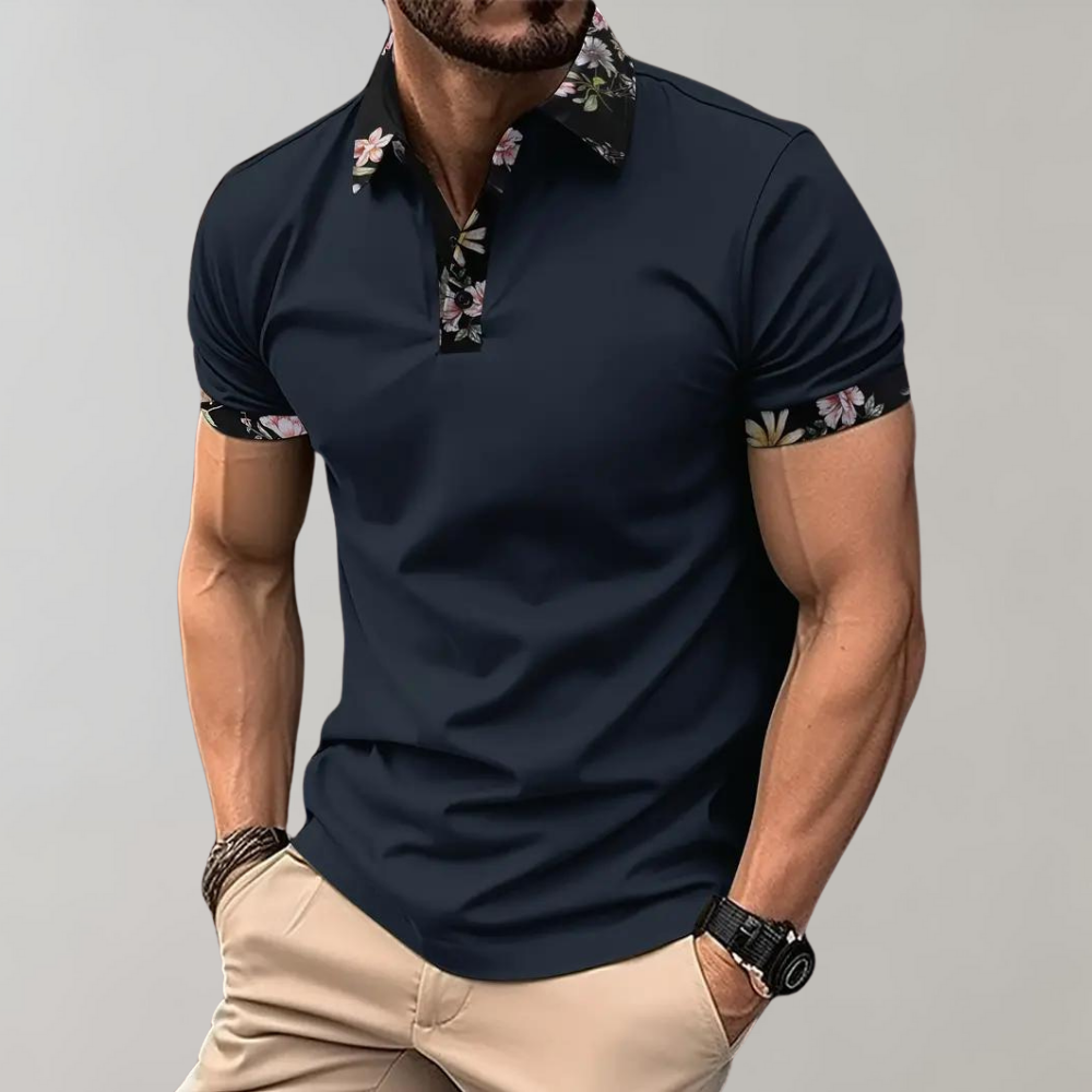 Men's casual fit cotton polo shirt short sleeve floral detail button placket summer style