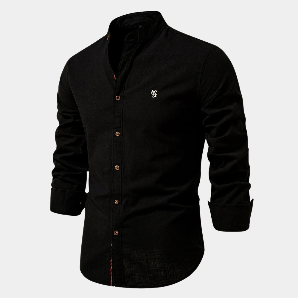 Men's light blue mandarin collar shirt long sleeves button closure breathable cotton blend slim fit