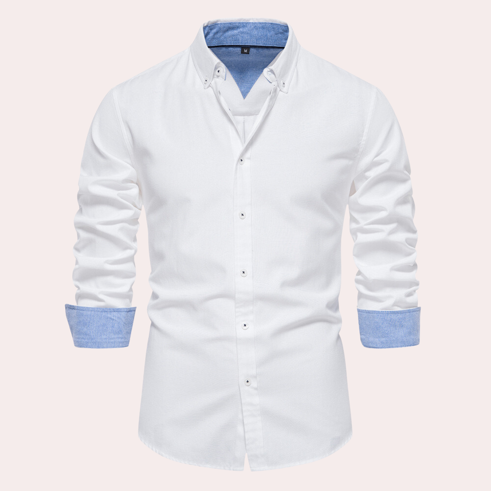 Men's white cotton tailored fit button-down collar shirt with button closure for formal and casual wear