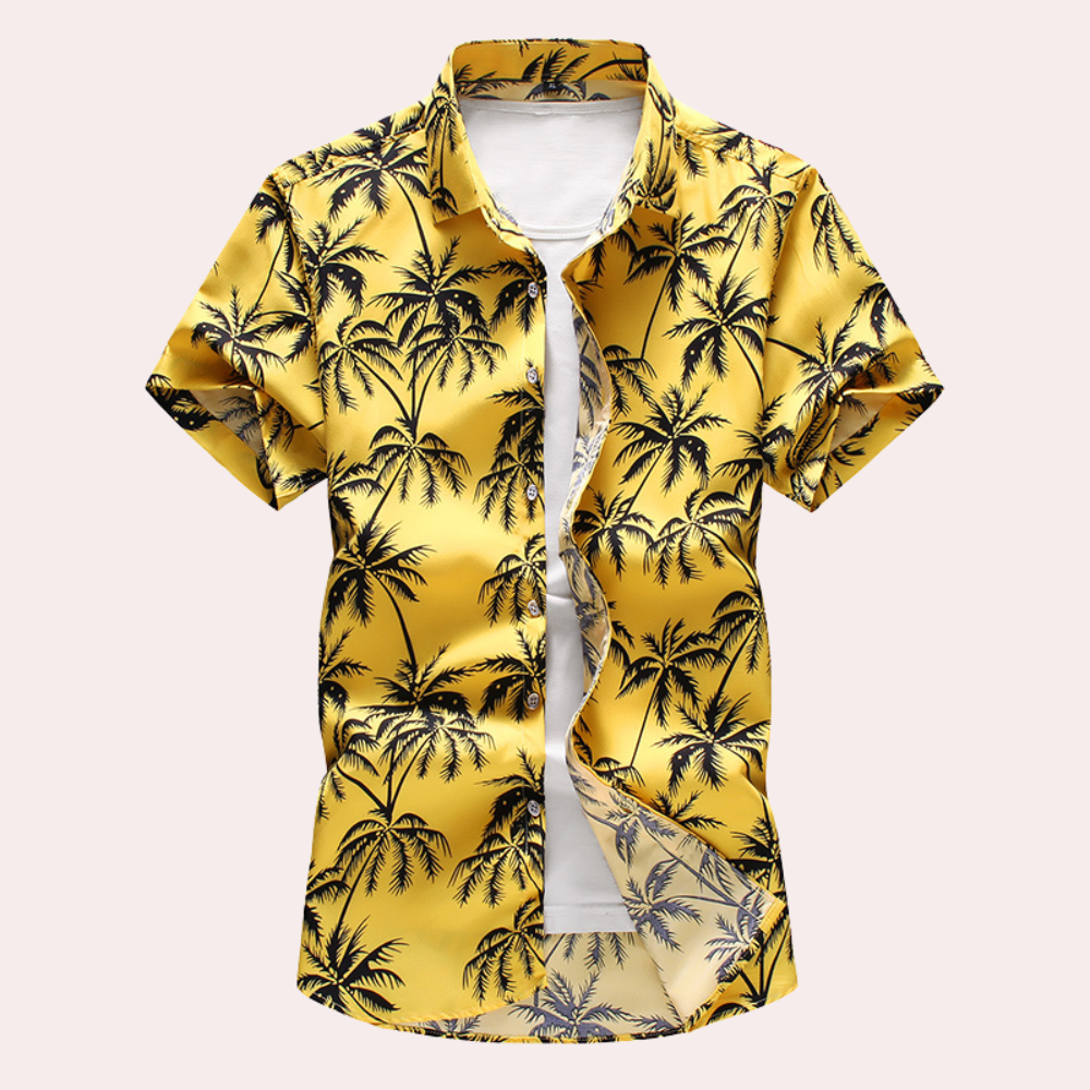 Men's tropical floral button-front shirt short sleeve regular fit breathable cotton vacation style
