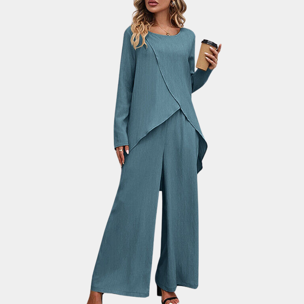 Women's ivory asymmetric blouse & wide-leg pants two-piece set with elegant relaxed silhouette
