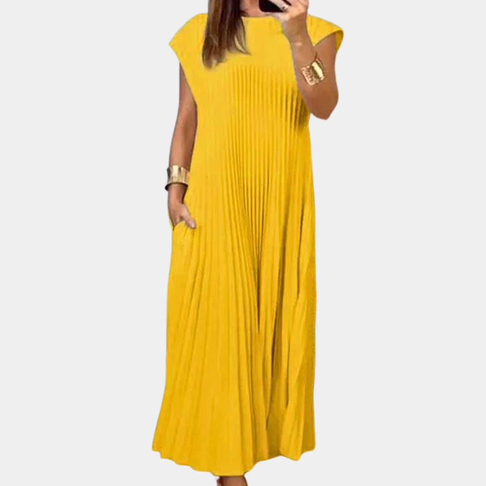 Women's pleated maxi dress round neck short sleeves lightweight airy elegant flowy silhouette