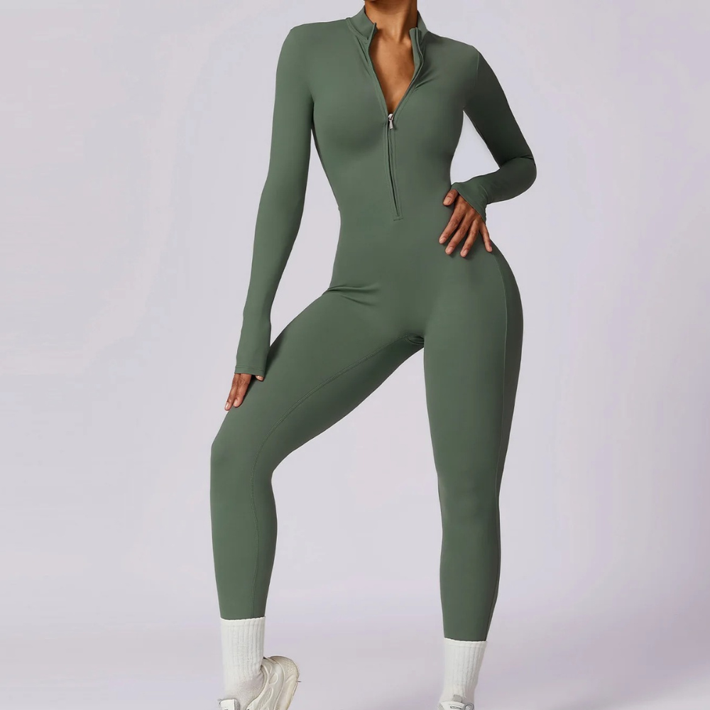 Women's black long-sleeve stretchable yoga jumpsuit with breathable fabric and athletic slim fit