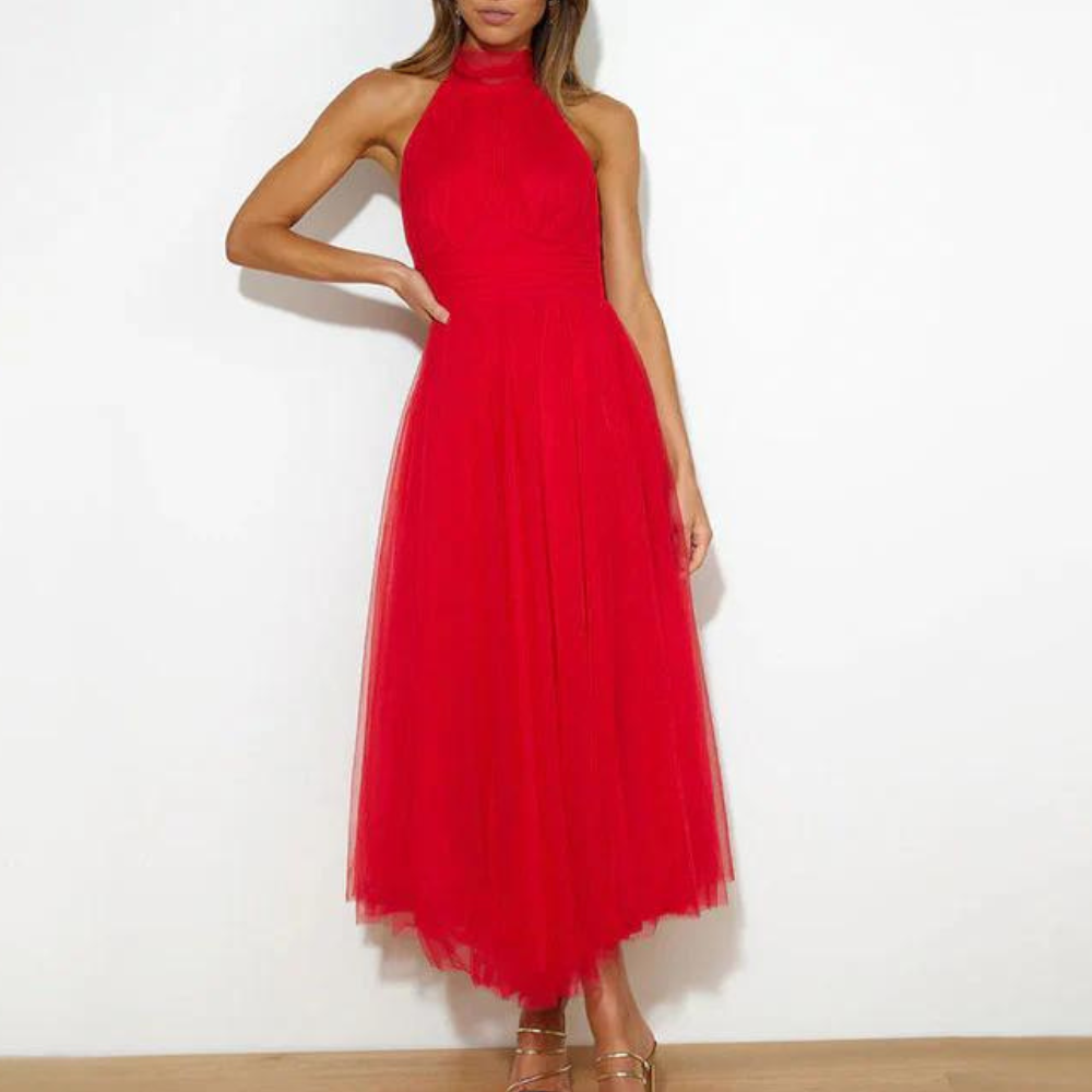 Women's chiffon halterneck midi dress, light flowy silhouette in elegant party style