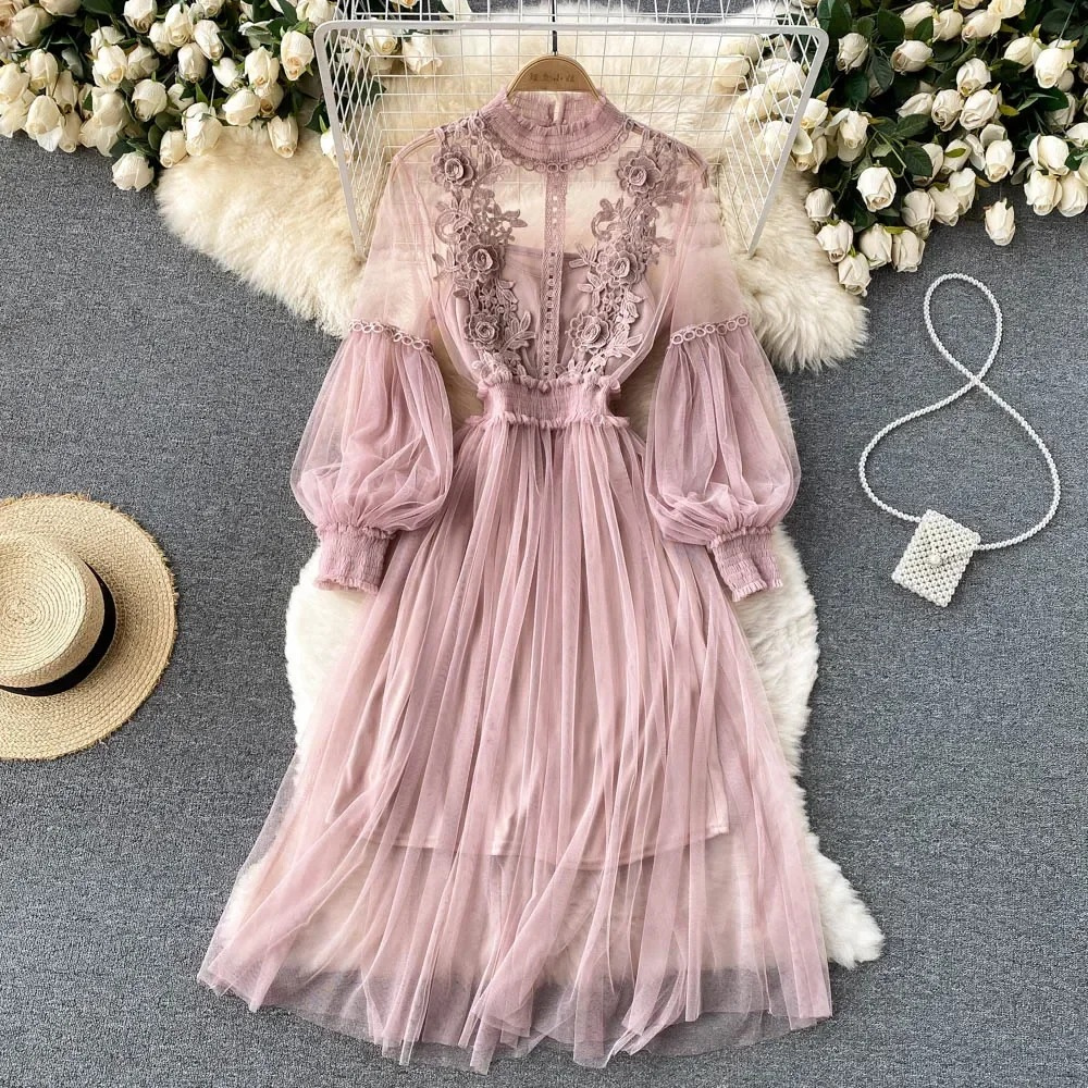 White lace embroidered women's dress high collar long puff sleeves romantic tulle skirt