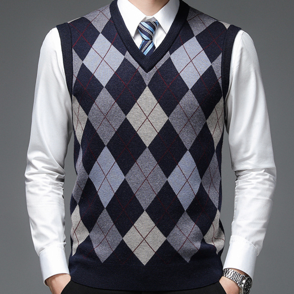 Men's knitted argyle sweater vest V-neck tailored fit versatile casual formal layering piece