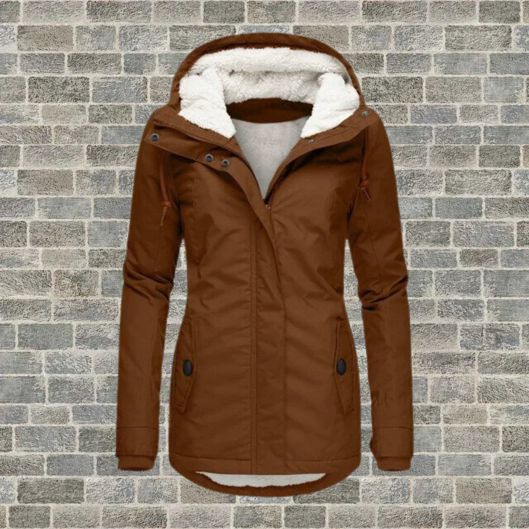 Women's hooded winter jacket navy fleece-lined zip-up with protective hood for cold weather