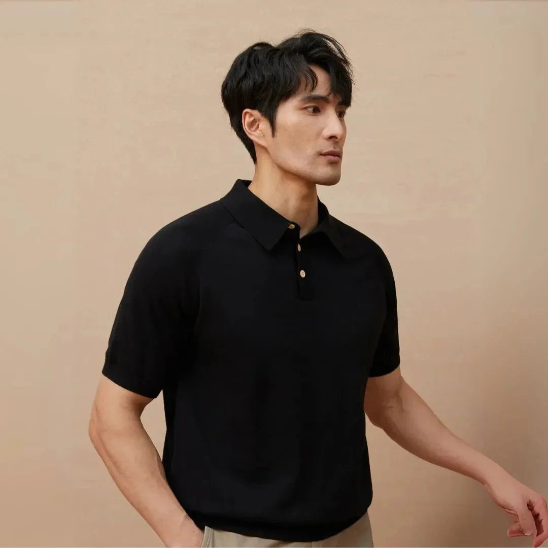 Men's navy blue classic knit polo shirt short sleeve button-down smart casual breathable polyester blend