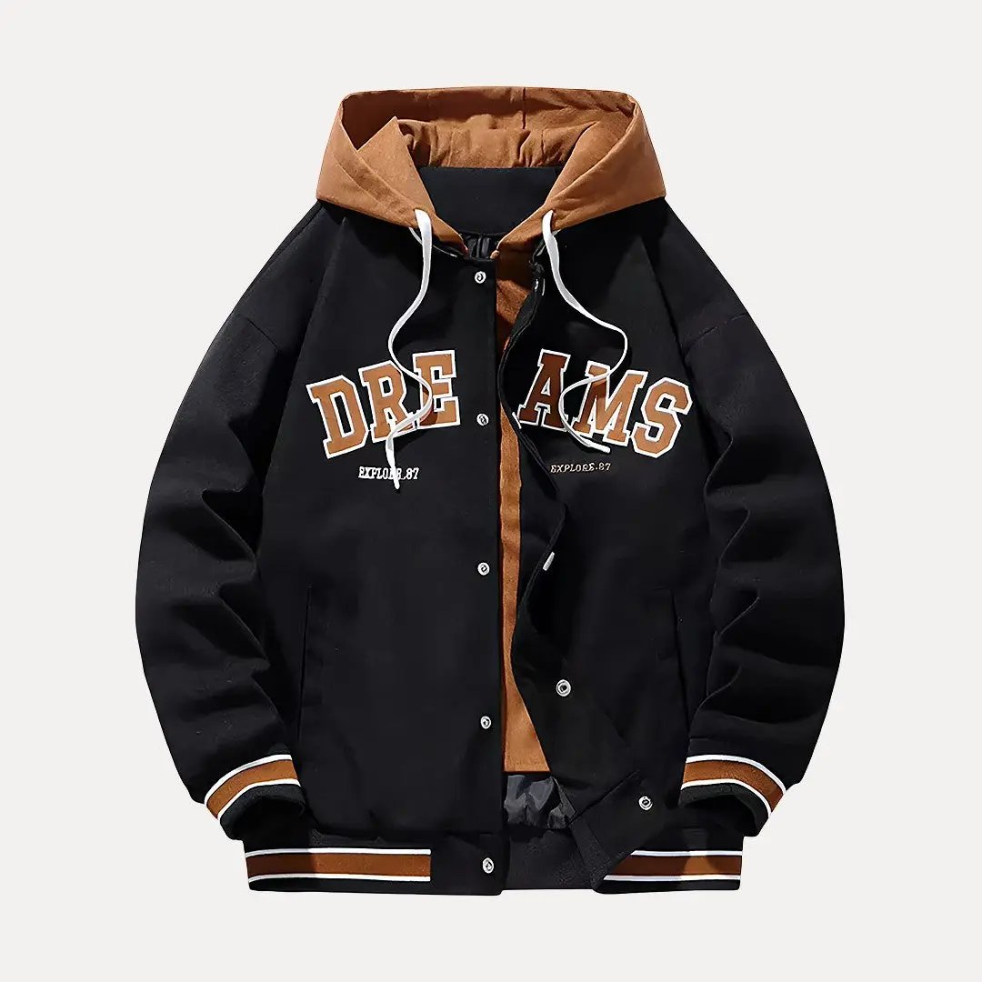 Black hooded baseball varsity jacket with classic two-tone design and comfortable plus-size fit