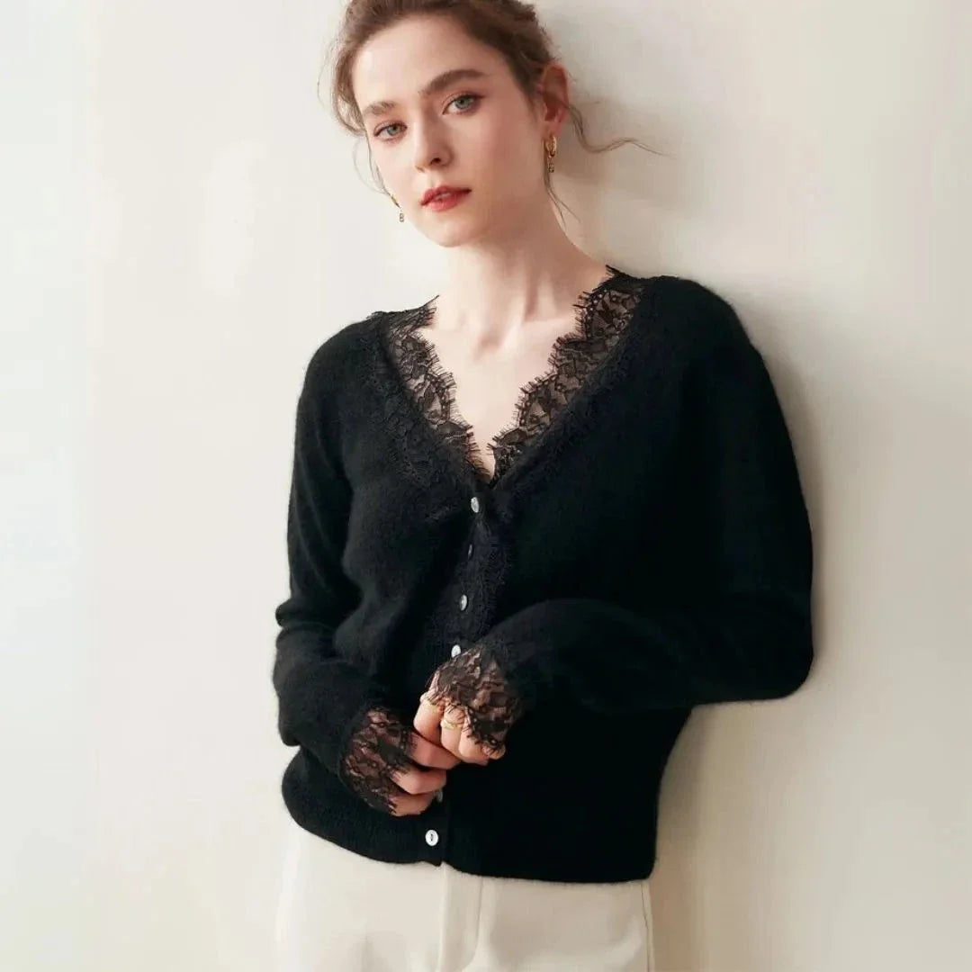 Women's ivory cashmere cardigan with lace trim, V-neck, and single-breasted button front closure