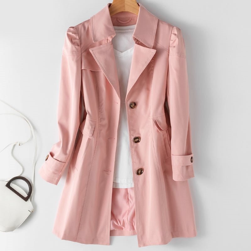Women's beige lightweight waterproof trench coat mid-length structured cut with water-repellent finish
