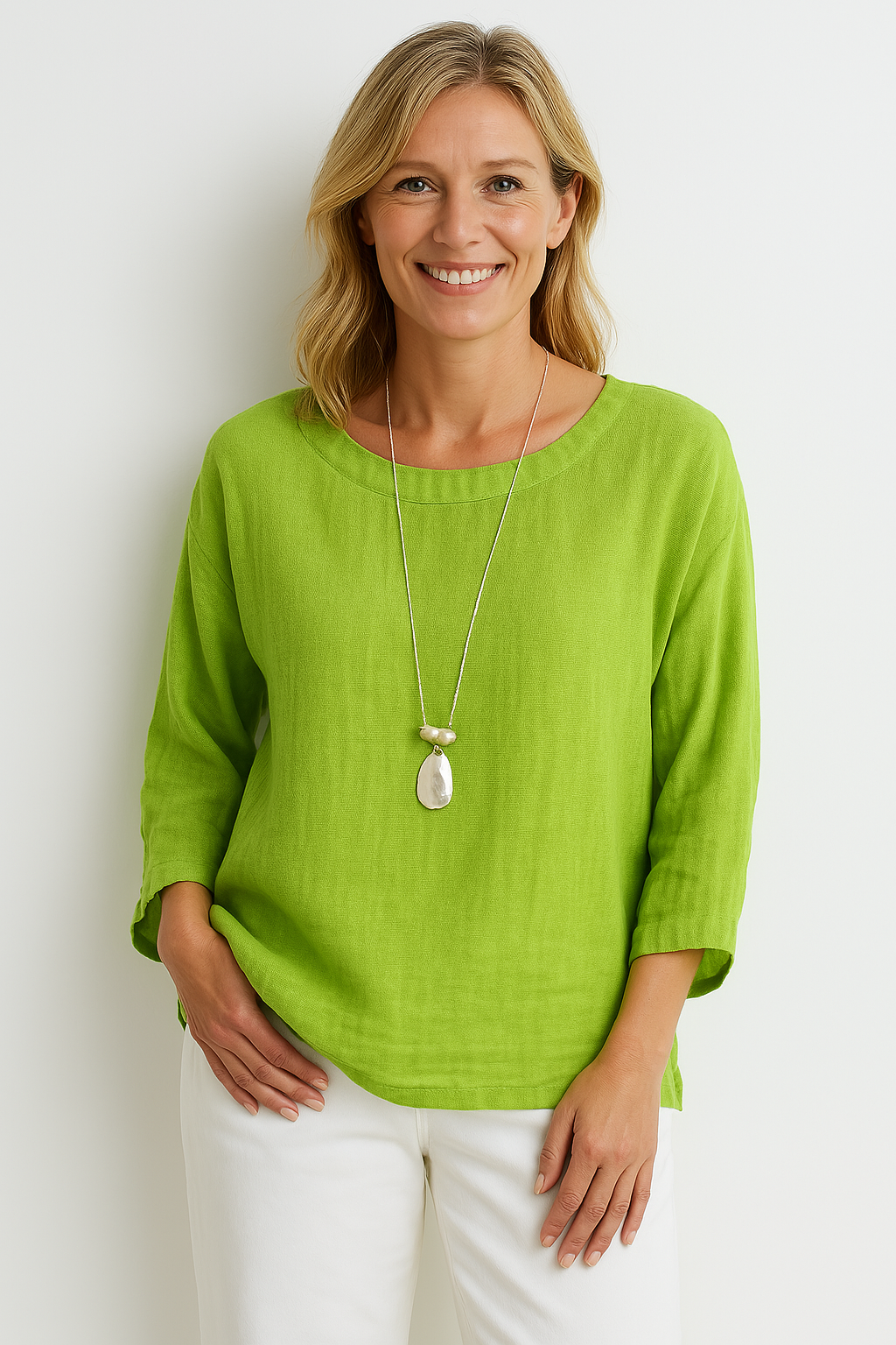 Women's loose fit cotton T-shirt with 3/4 sleeves and round neck in casual everyday style