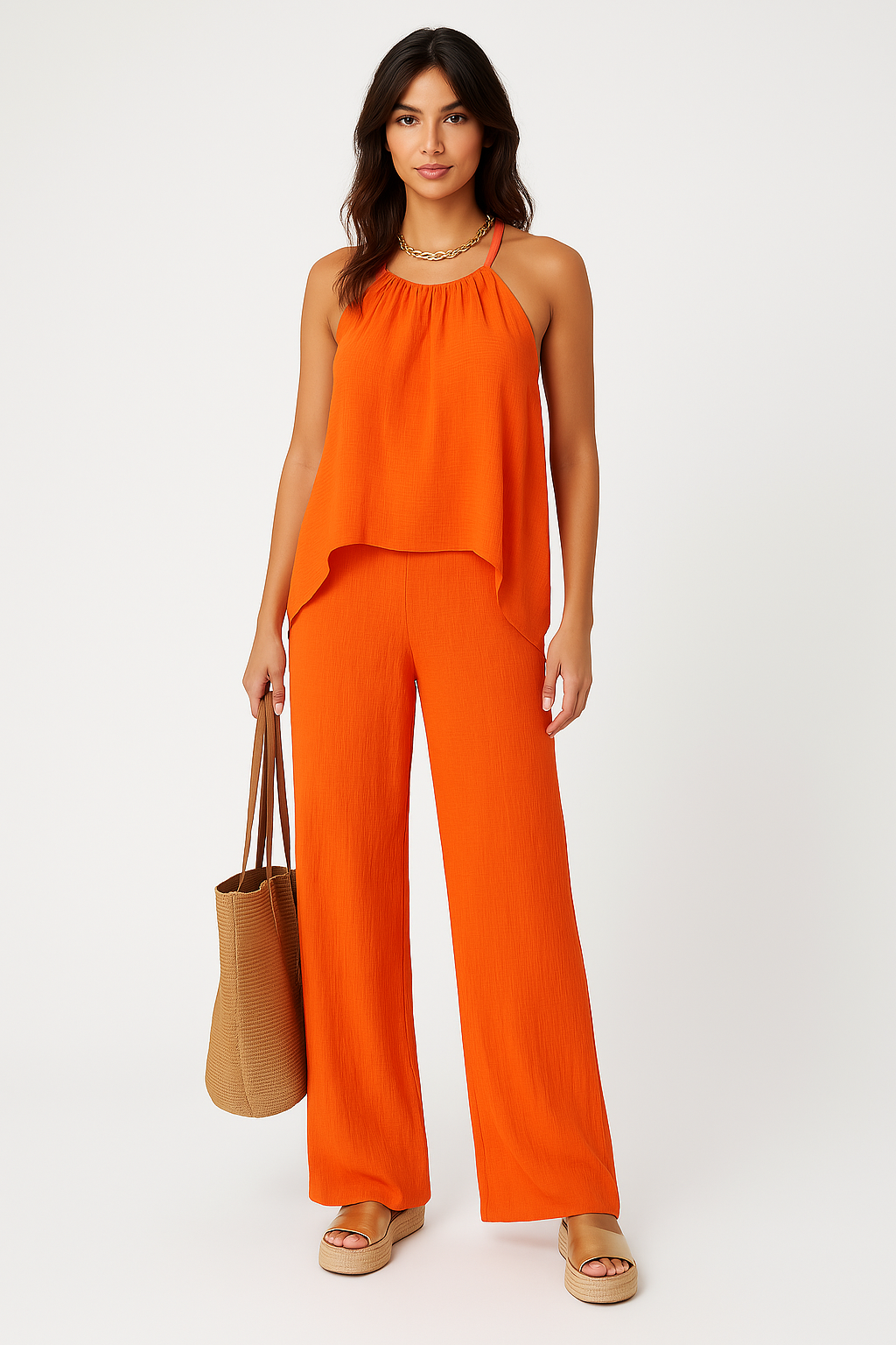 Women's black halterneck top asymmetric drape & high-waisted wide-leg pants two-piece set