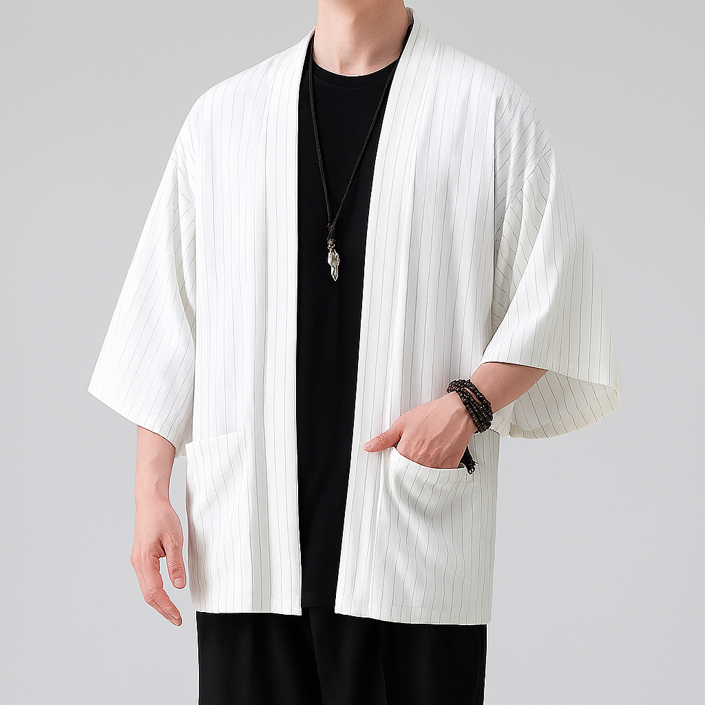 Lightweight Japanese haori kimono jacket with wide sleeves, open front, and soft pinstripe pattern