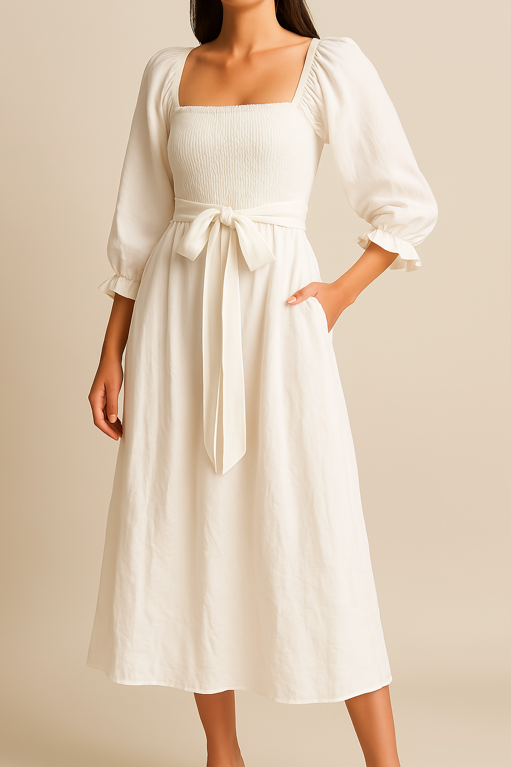 Sage green smocked bodice A-line midi dress with puff sleeves and reversible waistband design