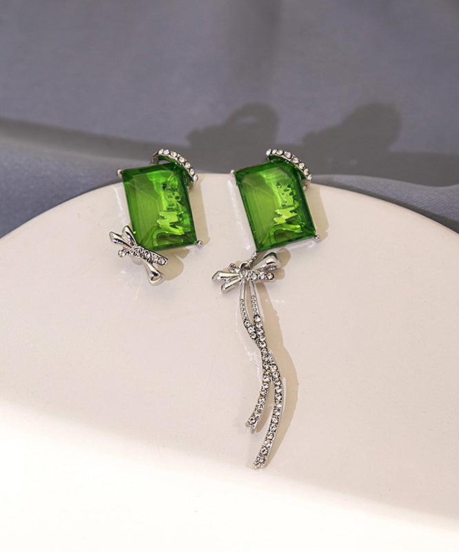 Boucles d'oreilles pendantes chics asymΓ©triques en cuivre vert et zircon, avec nΕud papillon et pompon - Wavlynn