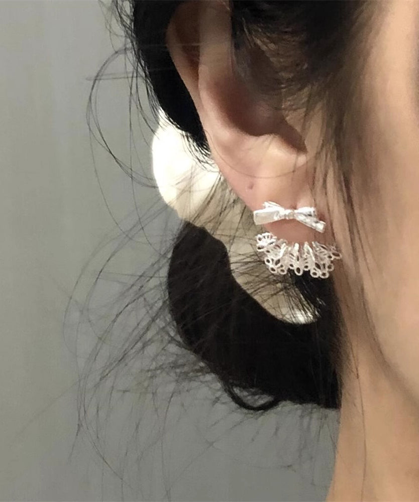 Boucles d'oreilles Γ tige chics en alliage d'argent sterling blanc avec nΕud en dentelle patchwork - Wavlynn