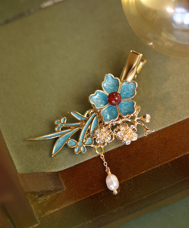 Épingle à cheveux à pompon floral en argent sterling bleu surdoré de style chinois - Wavlynn