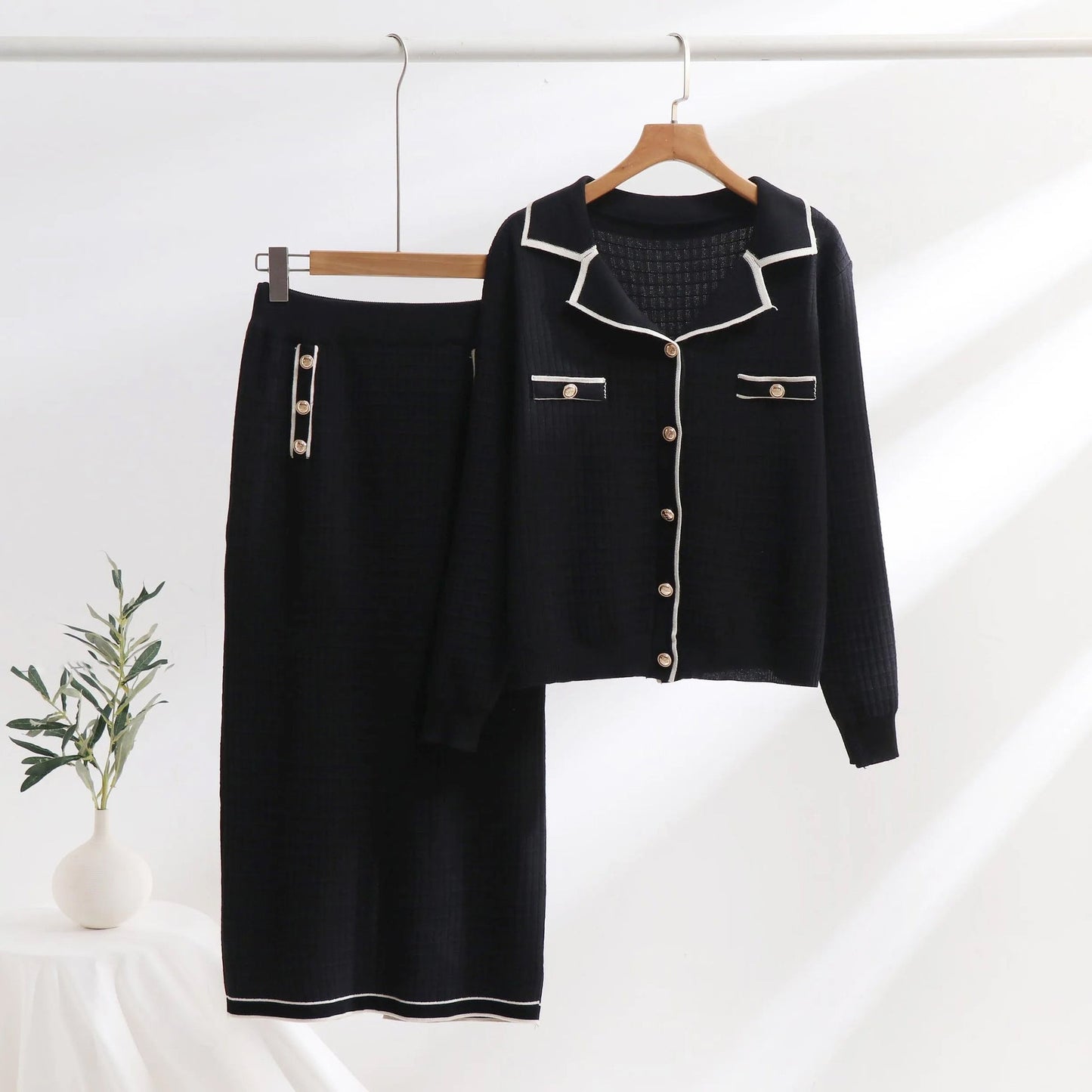 Women's textured knit two-piece set, polo-neck cardigan and slim pencil skirt, chic pattern