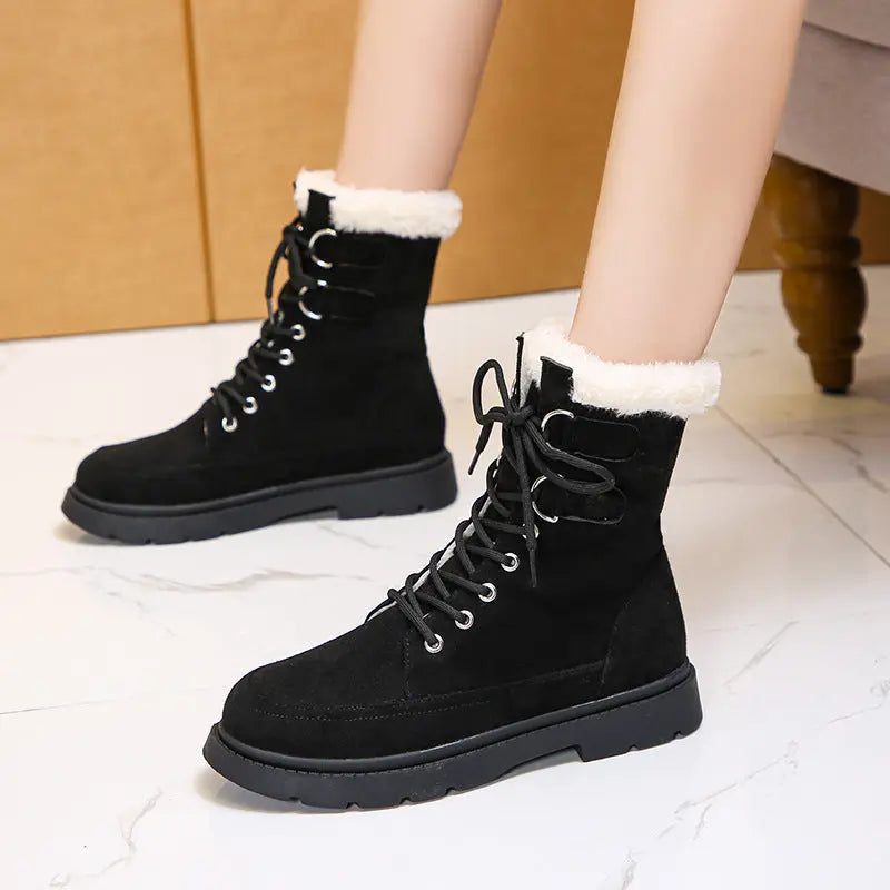 Women's black chunky heel ankle boots with soft cotton lining and durable rubber sole for winter style